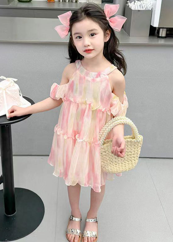 Cute Pink O-Neck Ruffled Chiffon Girls Dress Summer EW062 WS-RCTZSDGL240809