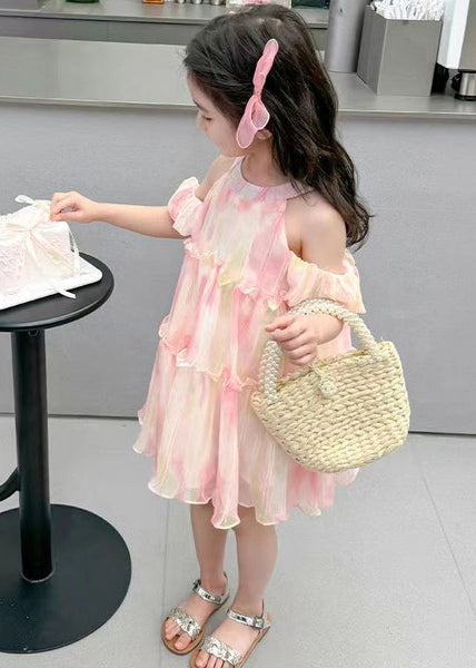 Cute Pink O-Neck Ruffled Chiffon Girls Dress Summer EW062 WS-RCTZSDGL240809