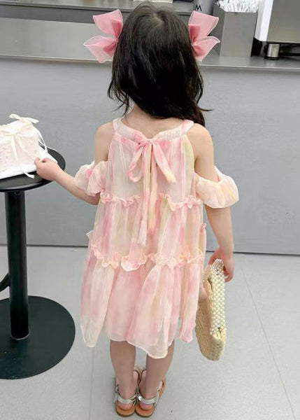 Cute Pink O-Neck Ruffled Chiffon Girls Dress Summer EW062 WS-RCTZSDGL240809