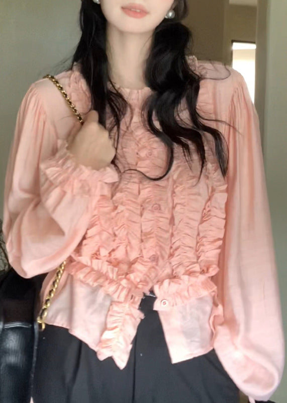 Cute Pink Chiffon Ruffled Lantern O-Neck Sleeve Top FashionChic