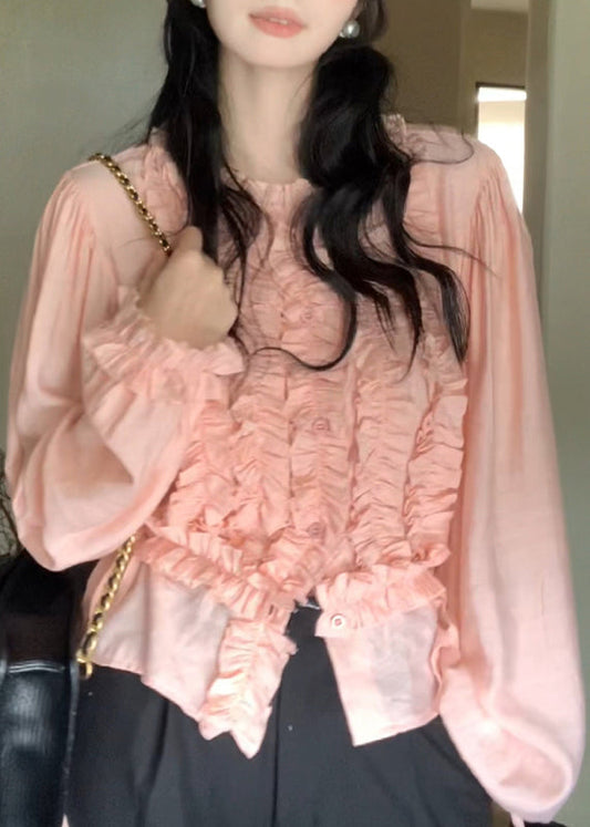 Cute Pink Chiffon Ruffled Lantern O-Neck Sleeve Top FashionChic
