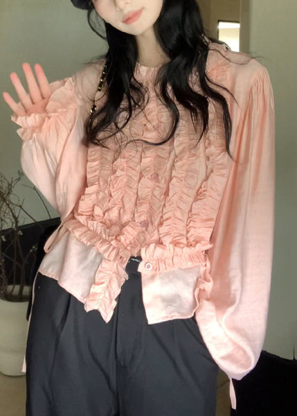 Cute Pink Chiffon Ruffled Lantern O-Neck Sleeve Top FashionChic