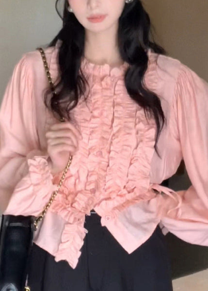 Cute Pink Chiffon Ruffled Lantern O-Neck Sleeve Top FashionChic