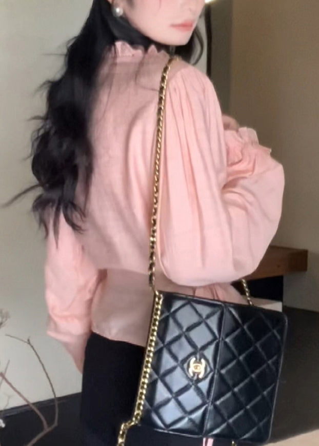 Cute Pink Chiffon Ruffled Lantern O-Neck Sleeve Top FashionChic