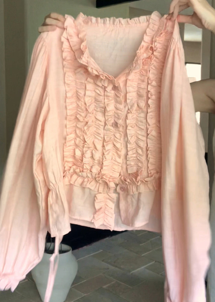 Cute Pink Chiffon Ruffled Lantern O-Neck Sleeve Top FashionChic