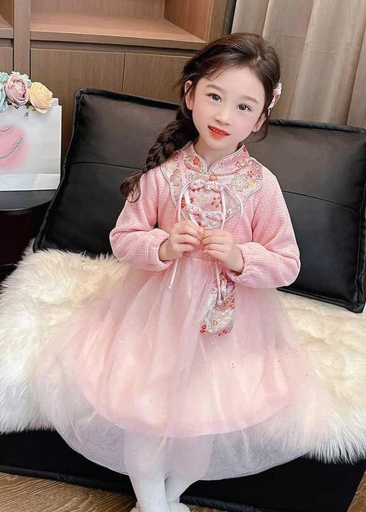 Cute Pink Patchwork Embroideried Tulle Kids Vacation Maxi Dresses Spring YE019 ABC