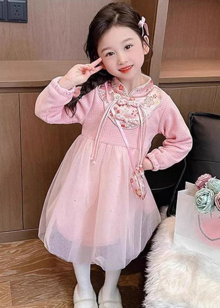 Cute Pink Patchwork Embroideried Tulle Kids Vacation Maxi Dresses Spring YE019 ABC