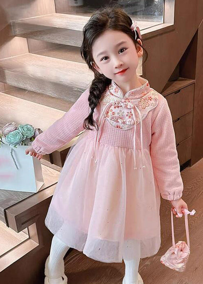 Cute Pink Patchwork Embroideried Tulle Kids Vacation Maxi Dresses Spring YE019 ABC