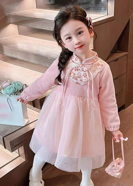 Cute Pink Patchwork Embroideried Tulle Kids Vacation Maxi Dresses Spring YE019 ABC