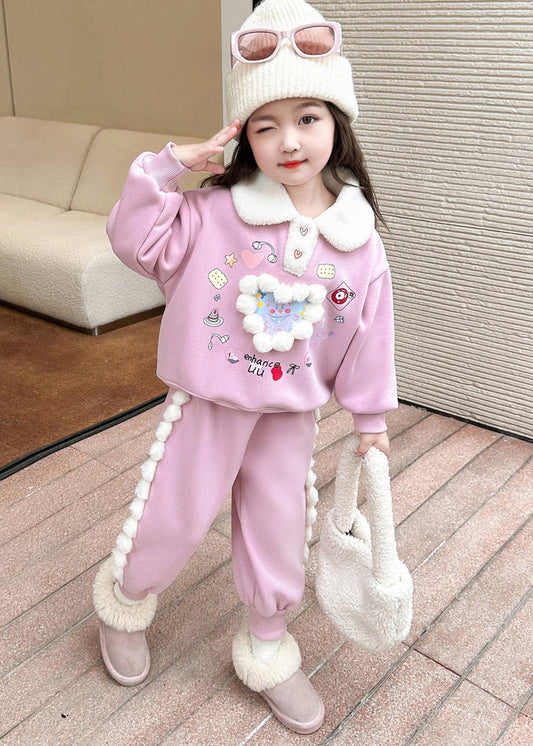 Cute Pink Patchwork Girls Warm Fleece Top And Lantern Pants Two Piece Set Winter TR038 ABC