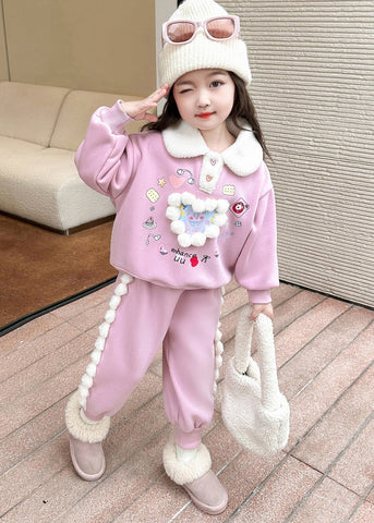 Cute Pink Patchwork Girls Warm Fleece Top And Lantern Pants Two Piece Set Winter TR038 ABC