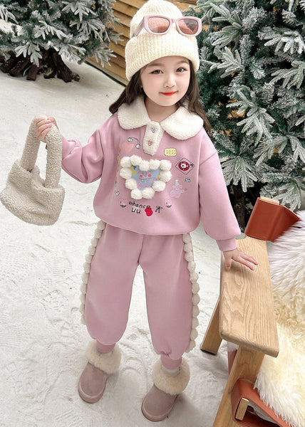 Cute Pink Patchwork Girls Warm Fleece Top And Lantern Pants Two Piece Set Winter TR038 ABC