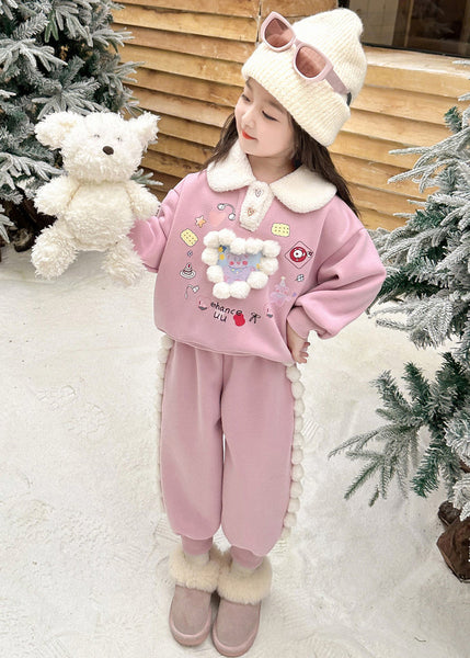 Cute Pink Patchwork Girls Warm Fleece Top And Lantern Pants Two Piece Set Winter TR038 ABC