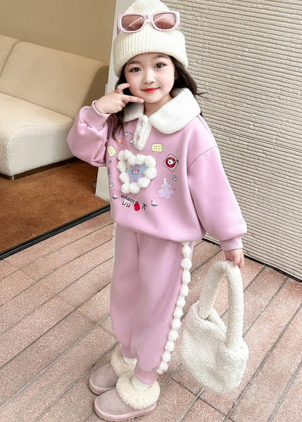 Cute Pink Patchwork Girls Warm Fleece Top And Lantern Pants Two Piece Set Winter TR038 ABC