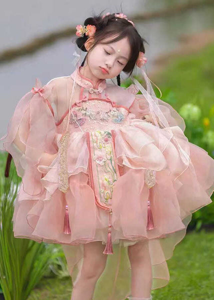 Kids Summer Long Dresses Maxi Patchwork Tulle Pink Cute Tassel FashionChic