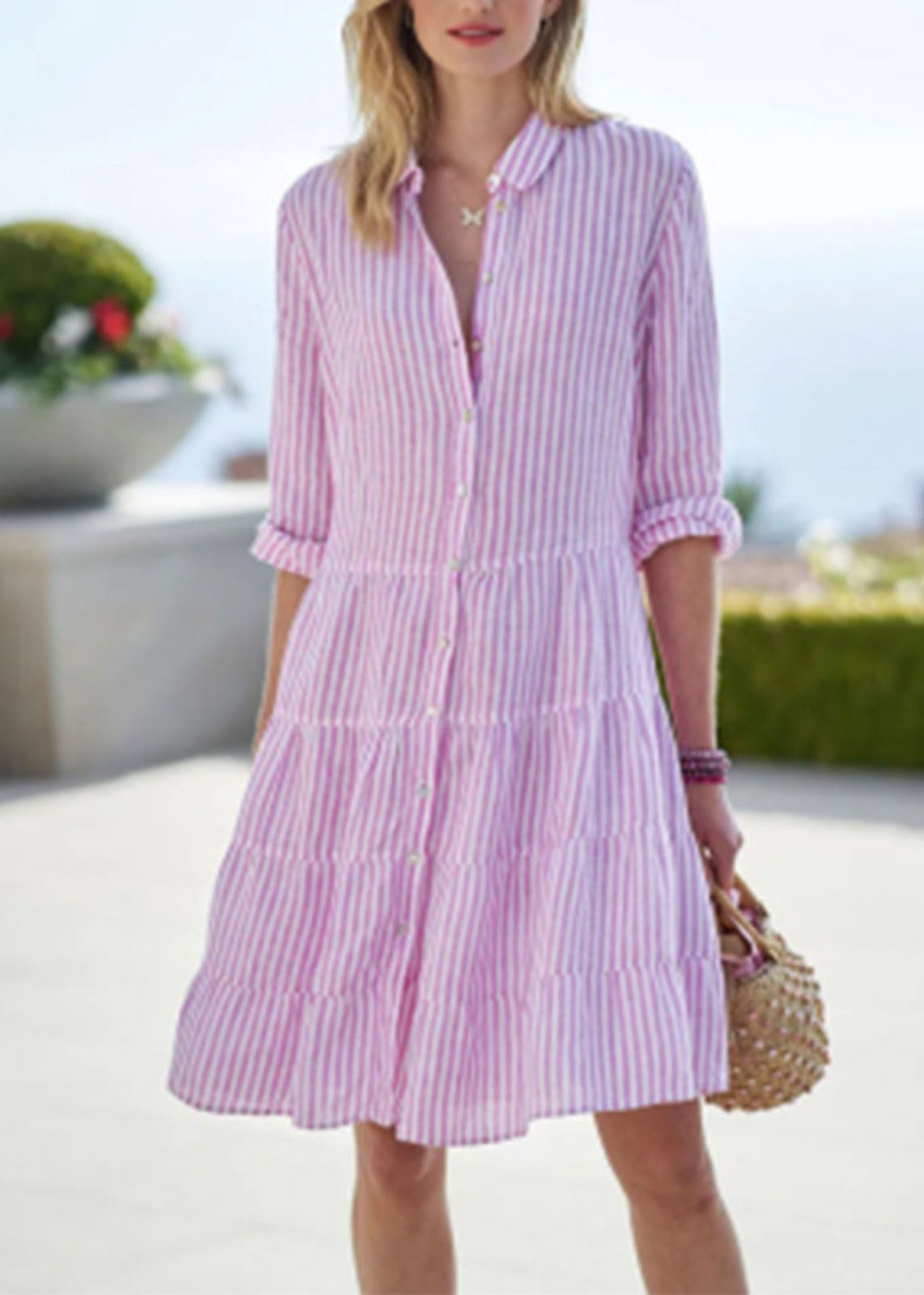 Collar Mid Sleeve Pan Dress Half Cute Peter Pink Button FashionChic