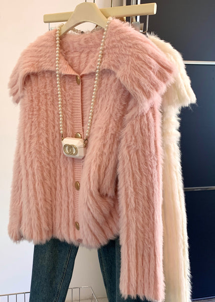 Cute Pink Peter Pan Collar Button Mink Velve Sweater Tops Spring TA015