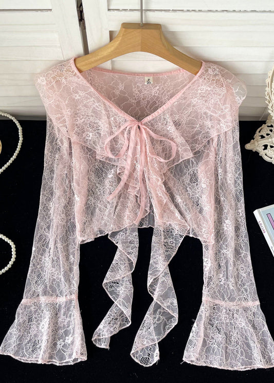 Cute Pink Ruffled Lace Up Lace Tops Flare Sleeve YF013 ABC