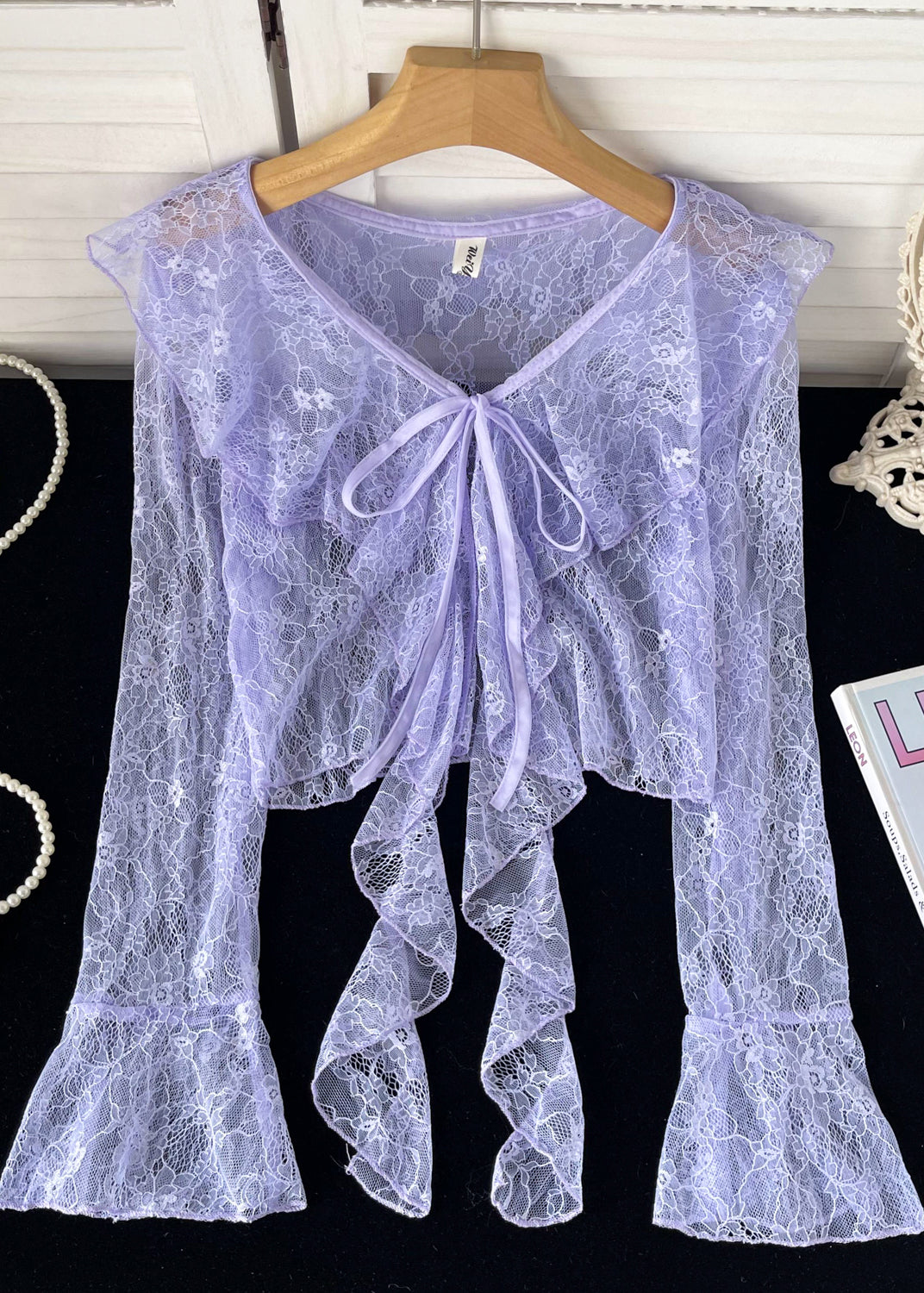 Cute Pink Ruffled Lace Up Lace Tops Flare Sleeve YF013 ABC