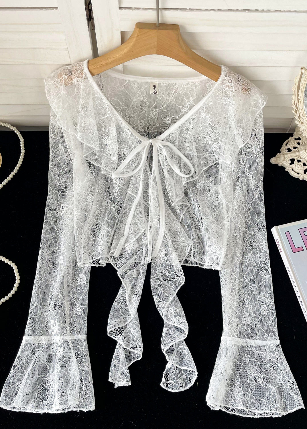 Cute Pink Ruffled Lace Up Lace Tops Flare Sleeve YF013 ABC