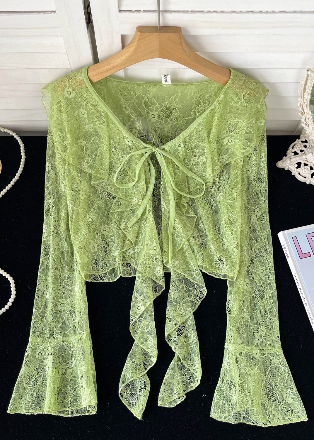 Cute Pink Ruffled Lace Up Lace Tops Flare Sleeve YF013 ABC