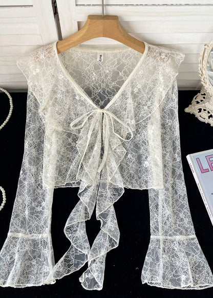 Cute Pink Ruffled Lace Up Lace Tops Flare Sleeve YF013 ABC