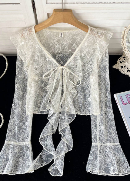 Cute Pink Ruffled Lace Up Lace Tops Flare Sleeve YF013 ABC