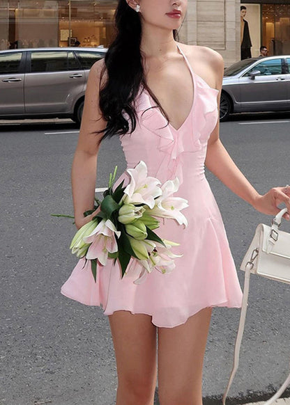 Summer Cute Mid Spaghetti Strap Pink Patchwork Ruffled Dress FashionChic