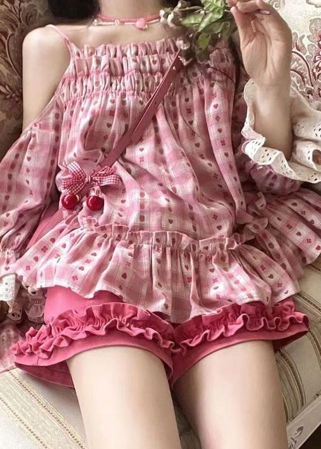 Cute Pink Ruffled Print Patchwork Top And Shorts Two Pieces Set Summer UU1006 SH-LF-TPIEC240526