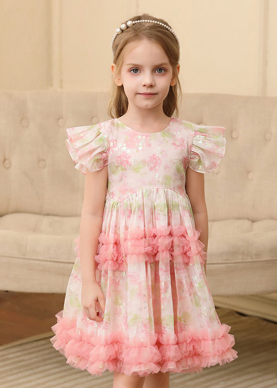 Cute Pink Ruffled Print Patchwork Tulle Girls Long Dress Short Sleeve EW019 WS-JRTZSDL240810