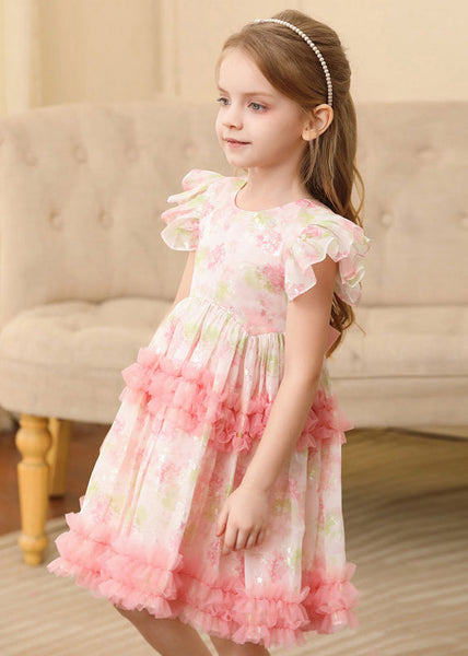 Cute Pink Ruffled Print Patchwork Tulle Girls Long Dress Short Sleeve EW019 WS-JRTZSDL240810