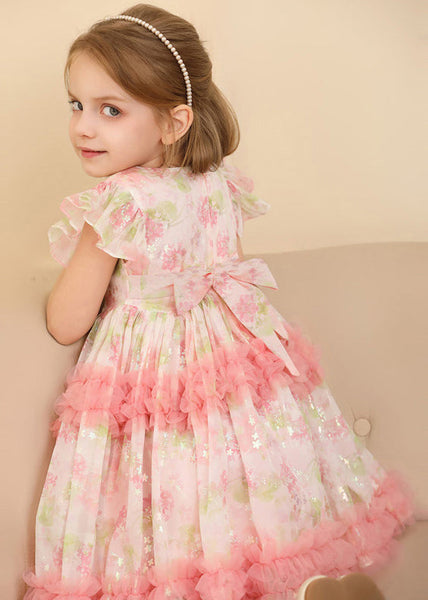 Cute Pink Ruffled Print Patchwork Tulle Girls Long Dress Short Sleeve EW019 WS-JRTZSDL240810