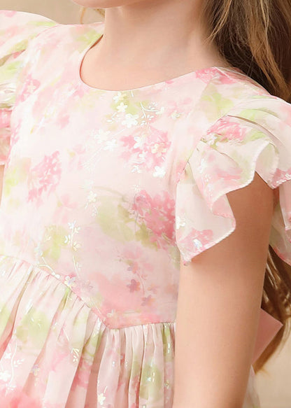 Cute Pink Ruffled Print Patchwork Tulle Girls Long Dress Short Sleeve EW019 WS-JRTZSDL240810