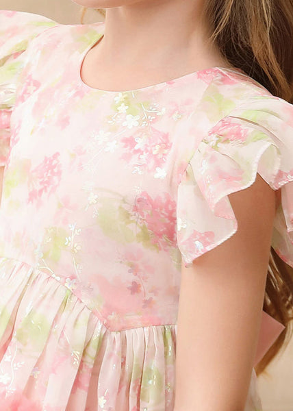Cute Pink Ruffled Print Patchwork Tulle Girls Long Dress Short Sleeve EW019 WS-JRTZSDL240810