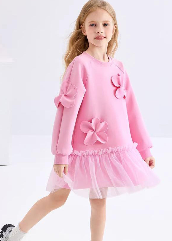 Cute Pink Ruffled Tulle Patchwork Floral Girls Holiday Long Dress Spring YE017 ABC