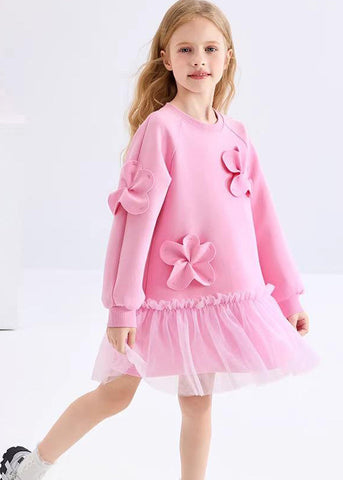 Cute Pink Ruffled Tulle Patchwork Floral Girls Holiday Long Dress Spring YE017 ABC