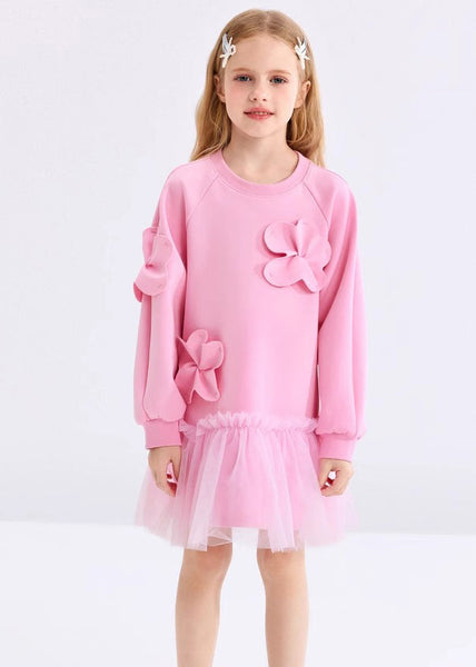 Cute Pink Ruffled Tulle Patchwork Floral Girls Holiday Long Dress Spring YE017 ABC