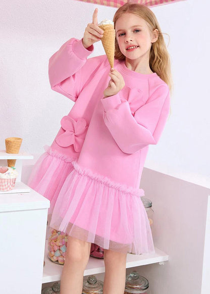 Cute Pink Ruffled Tulle Patchwork Floral Girls Holiday Long Dress Spring YE017 ABC