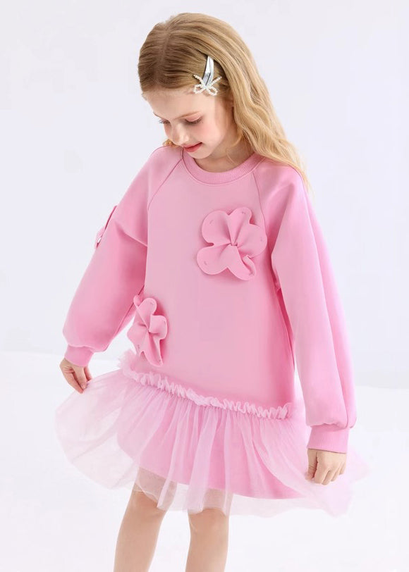 Cute Pink Ruffled Tulle Patchwork Floral Girls Holiday Long Dress Spring YE017 ABC