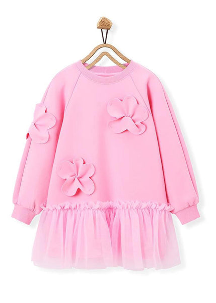 Cute Pink Ruffled Tulle Patchwork Floral Girls Holiday Long Dress Spring YE017 ABC