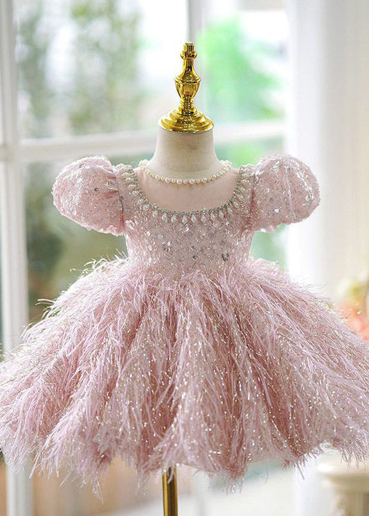 Cute Pink Sequins Pearl Patchwork Tulle Kids Long Dress Short Sleeve YG002 ABC