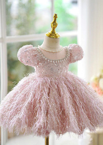 Cute Pink Sequins Pearl Patchwork Tulle Kids Long Dress Short Sleeve YG002 ABC