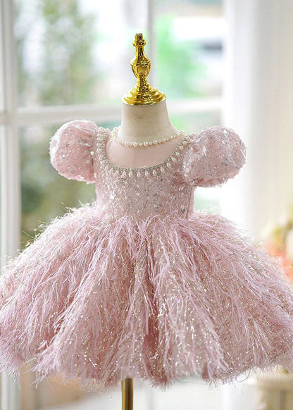 Cute Pink Sequins Pearl Patchwork Tulle Kids Long Dress Short Sleeve YG002 ABC