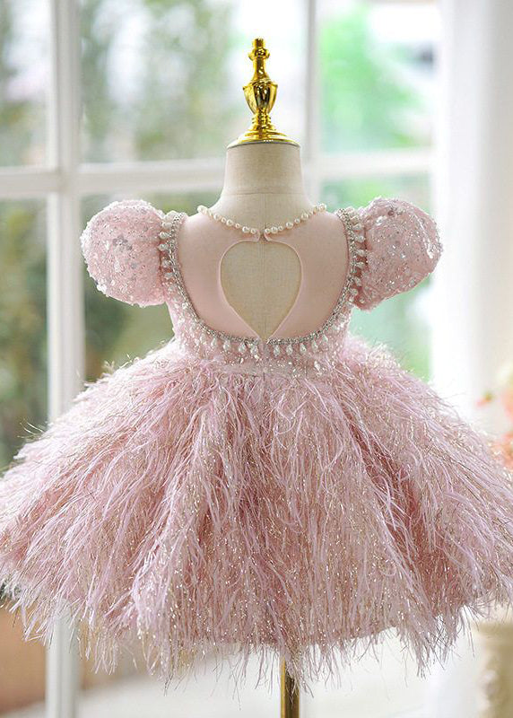 Cute Pink Sequins Pearl Patchwork Tulle Kids Long Dress Short Sleeve YG002 ABC