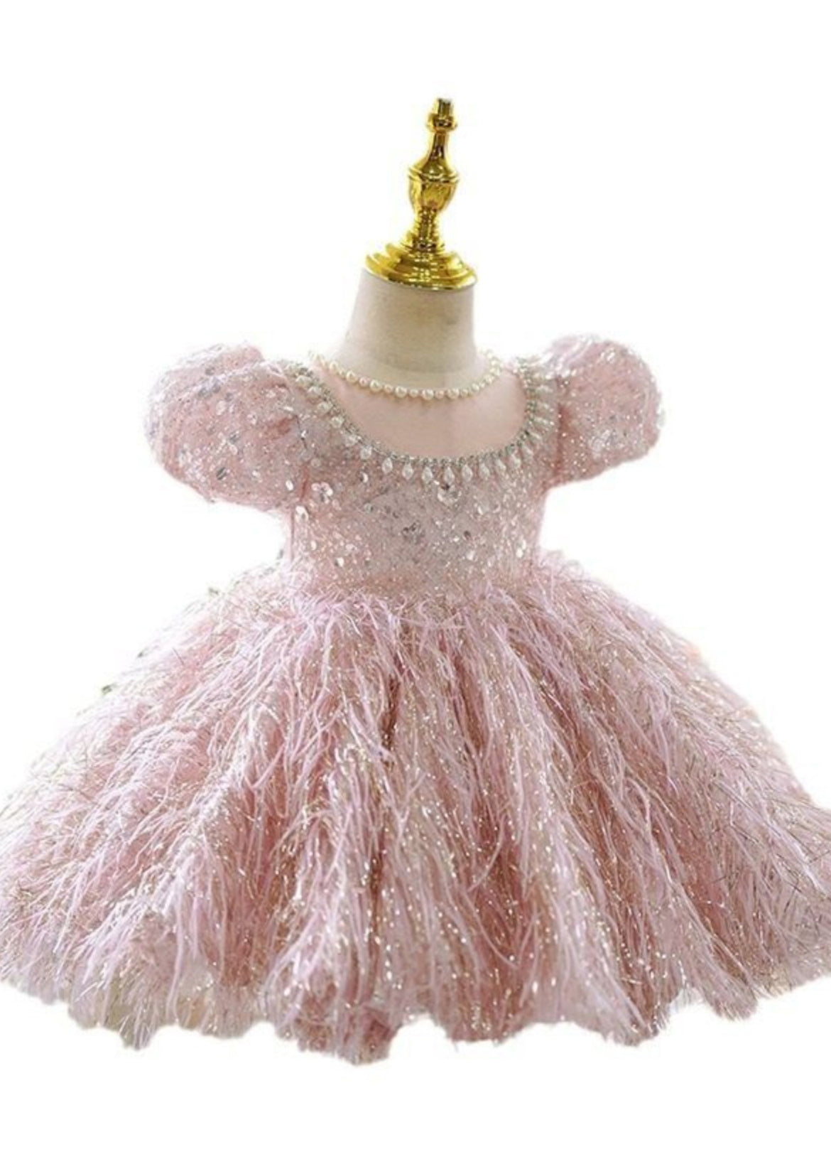 Cute Pink Sequins Pearl Patchwork Tulle Kids Long Dress Short Sleeve YG002 ABC