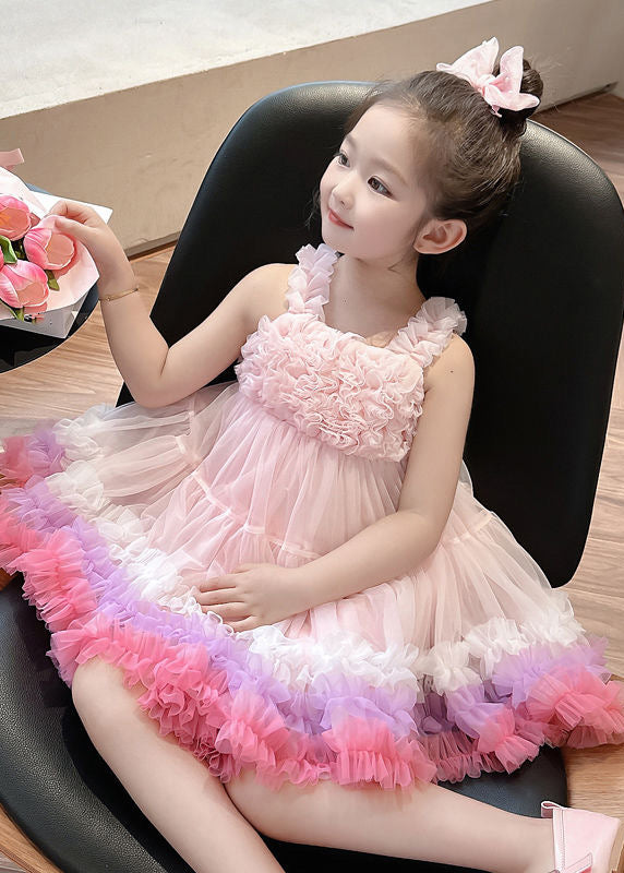 Cute Pink Slash Neck Patchwork Tulle Kids Long Dress Summer EW002 WS-JRTZSDL240810