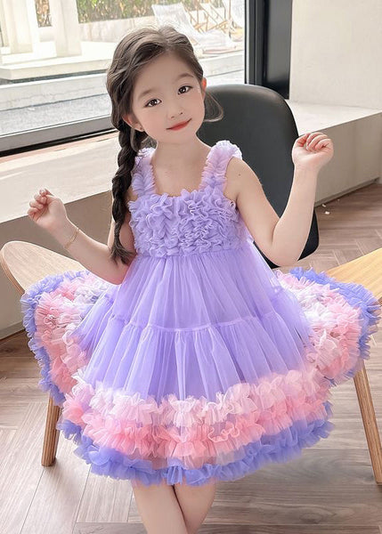 Cute Pink Slash Neck Patchwork Tulle Kids Long Dress Summer EW002 WS-JRTZSDL240810