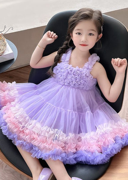 Cute Pink Slash Neck Patchwork Tulle Kids Long Dress Summer EW002 WS-JRTZSDL240810