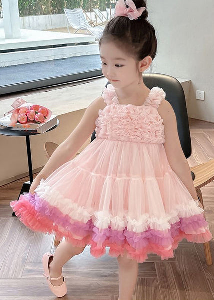 Cute Pink Slash Neck Patchwork Tulle Kids Long Dress Summer EW002 WS-JRTZSDL240810