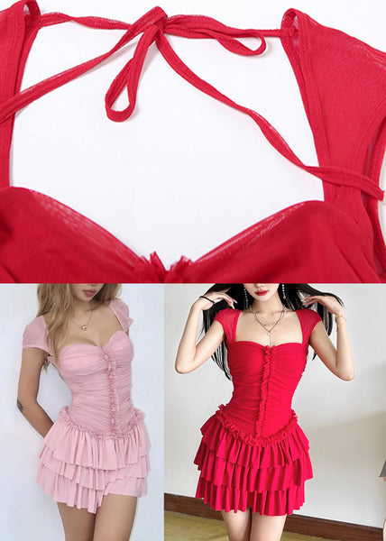 Dresses Summer Square Mid Cute Collar Pink Backless FashionChic